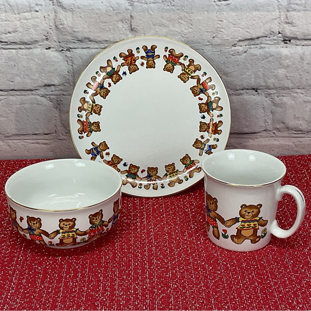 Vintage Childs 3 Pc Place Setting Bears Porcelain China Gold Trim Bowl Plate Cup